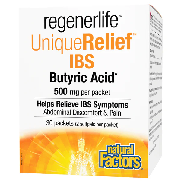 Unique Relief IBS Butyric Acid 500mg, 30 Packets (2 Soft gels per packet)